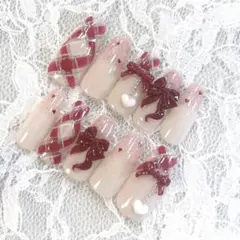 80♡ ネイルチップ ワンホン スナ系 フレンチガーリー バレンタイン リボン