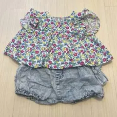 美品！花柄フリル袖トップスとデニム風ショートパンツセットのサムネイル