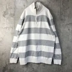 Y1074古着　ニットセーター　ハーフジップ　ボーダー　白　グレー