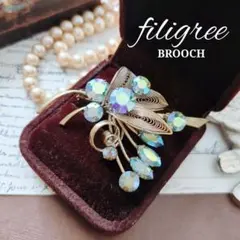 銀線細工 オーロラ クリスタル フィリグリー ブローチ アンティーク フラワー
