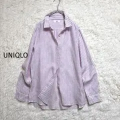 UNIQLO プレミアムリネン ストライプ 長袖シャツ パープル リネン100％のサムネイル