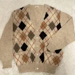 Papas パパス アーガイル柄 ウール100% ニットカーディガン ベージュ