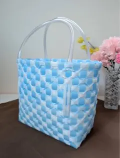 ハンドメイド　PPバンド プラカゴバッグ　エコバッグ　水色×白 チェック柄のサムネイル