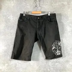 雅結　ハーフパンツ　デニム　ブラック　バックプリント　刺繍　鯉　和柄
