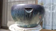 古い中国火鉢 メダカ鉢使用 粋な海鼠釉薬時代有り 47×36 落款有り