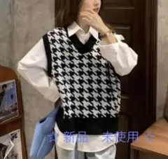 【大好評】千鳥柄　サマーニットベスト　オルチャン　ブラック