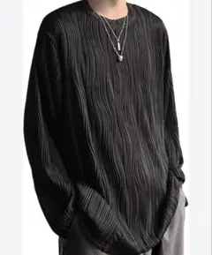 【美品】ビッグシルエット ウェーブ 無地 ロング長袖Tシャツ XL メンズ 黒