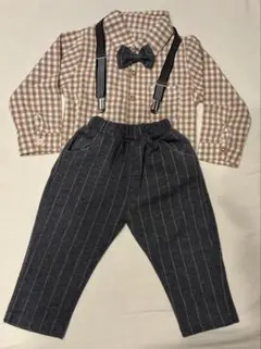 セレモニースーツ 茶色チェック シャツとパンツとサスペンダー