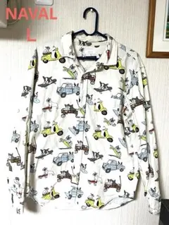 NAVAL 犬と乗り物プリント 長袖シャツ Ｌ