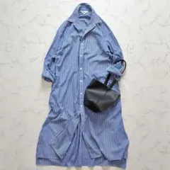 美品 ティッカ TICCA ブルーストライプ柄 スクエアビッグロングシャツ