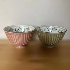 飯碗 ピンクとグリーン 花柄セット