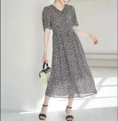 ロペピクニック ワンピース 小花柄 5分袖 レディース 38 M ブラック