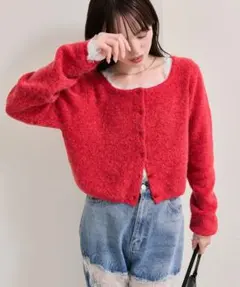 mystic スクエアネックニットカーディガン　赤　カーディガン　レッド