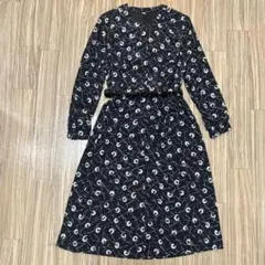 3点セット 総柄 長袖ワンピース ベルト付き ジャケット付き レトロ調 きれいめ