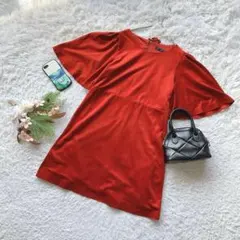 ザラ ワンピース フレア袖 ひざ丈 バックジップ レッド S お出掛け 女子会