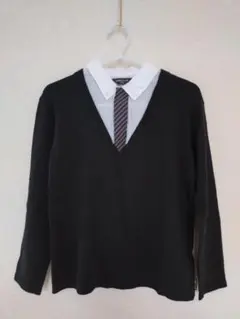 COMME CA ISM レイヤード風 一体型 長袖カットソー Vネック 黒