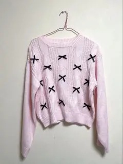 【美品】CONTRAIL ピンク リボン ケーブルニットセーター