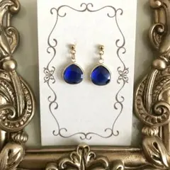 6150　ピアス　ゴールド　ハンドメイド　イヤリング交換無料　ブルー青ドロップ