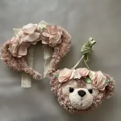 クマ顔カチューシャ 花とリボン付き