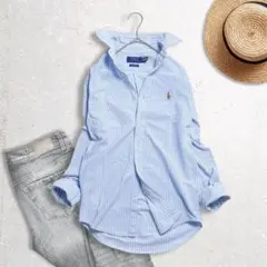 【現行QRタグ】ラルフ　ストライプボタンダウンシャツ　カラフルポニー刺繍　青ｘ白