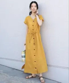 シップス SHIPS リネン100%後ろボタンフレンチスリーブロング丈