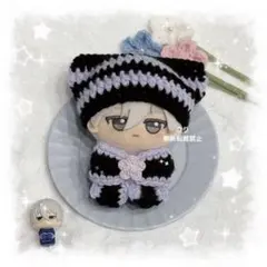 編み物 ちびぐるみ ぬい服 猫耳ニット帽 ブラック×ライトパープル リボンセット