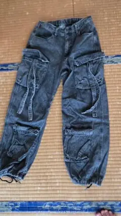 ダークグレー カーゴパンツ ゴムウエスト