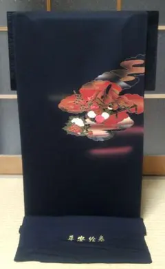 正絹 黒絵羽織 反物 平安絵巻(手刺繍入り)のサムネイル