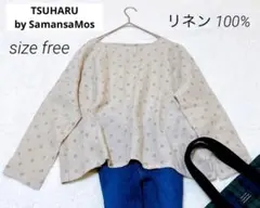 TSUHARU 麻　リネン　ベージュ　ドット　長袖シャツ　後スリット