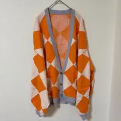 アーガイル柄 オーバーサイズ ニットカーディガン オレンジ×グレー 韓国