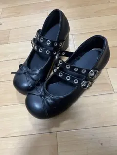 ブラックローファー ダブルストラップ リボン付き