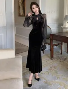 黒のベルベットパーティードレス、結婚式ドレス、お呼ばれドレス、ワンピース、綺麗め