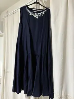 Anatelier ネイビー刺繍Aラインワンピース 38
