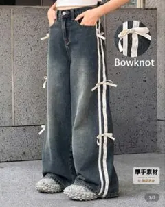 新品sheinサイドリボンバギージーンズ☆ミディアムウォッシュ、ワイドデニム