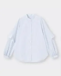 ストライプ柄 長袖シャツ バンドカラー