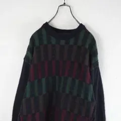 G9743*Vintage ヴィンテージ☆総柄☆ニット☆セーター☆濃紺☆L