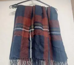 チェック柄フリンジマフラー ネイビー　ボルドー