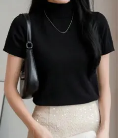 黒 ハイネック 半袖ニット レディーストップス ティーシャツ Tシャツ ブラック