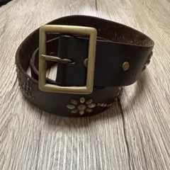 ⭐️HTC⭐️フラワー&ダイヤニッケルスタッズ⭐️ブラック(茶芯)レザー⭐️34 美品 HTC フラワースタッズレザーベルト ブラック茶芯&シルバー 34inch