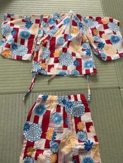 花柄ストライプ 甚平 90サイズ 浴衣　90 90cm 青　赤　花柄