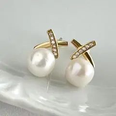 淡水パール バロック　k14kgfポストピアス　ハンドメイド　未使用