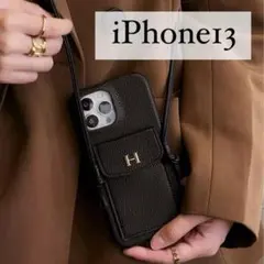 iPhoneアイフォン13 ケース スマホショルダー レザー 高級感 ブラック黒