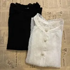 シースルー ドット柄 ハイネック ブラウス 黒M アイボリーM 2枚セット