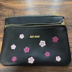 MARY QUANT 花柄刺繍 ポーチ 黒ダブルファスナー