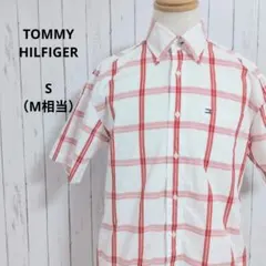 トミーヒルフィガー☆半袖シャツ　チェック柄　M相当　赤白　綿100%　ロゴ刺繍