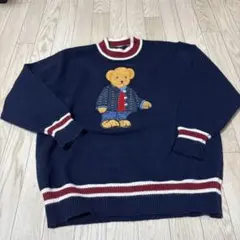 クマ刺繍 ベア　ネイビー ニットセーター Mサイズ