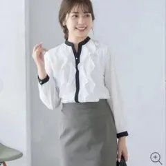 新品 AOKI LES MUES 白地　黒ドット 長袖　フリルブラウス サイズS