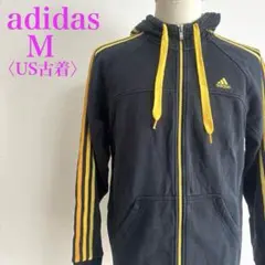adidas アディダス 3ストライプ 裏フリース パーカー M 黒黄　US古着