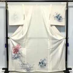 D96夏着物 訪問着 手描き友禅 花 水色 絽 正絹 しつけ糸付き未使用極美