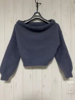 GRL シャギーニット オフショルダー 長袖 ブルー L